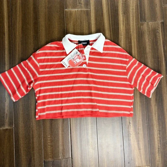 NWT Cider Size XS Striped Crop Top Henley Short Sleeve Shirt y2k - Picture 2 of 4